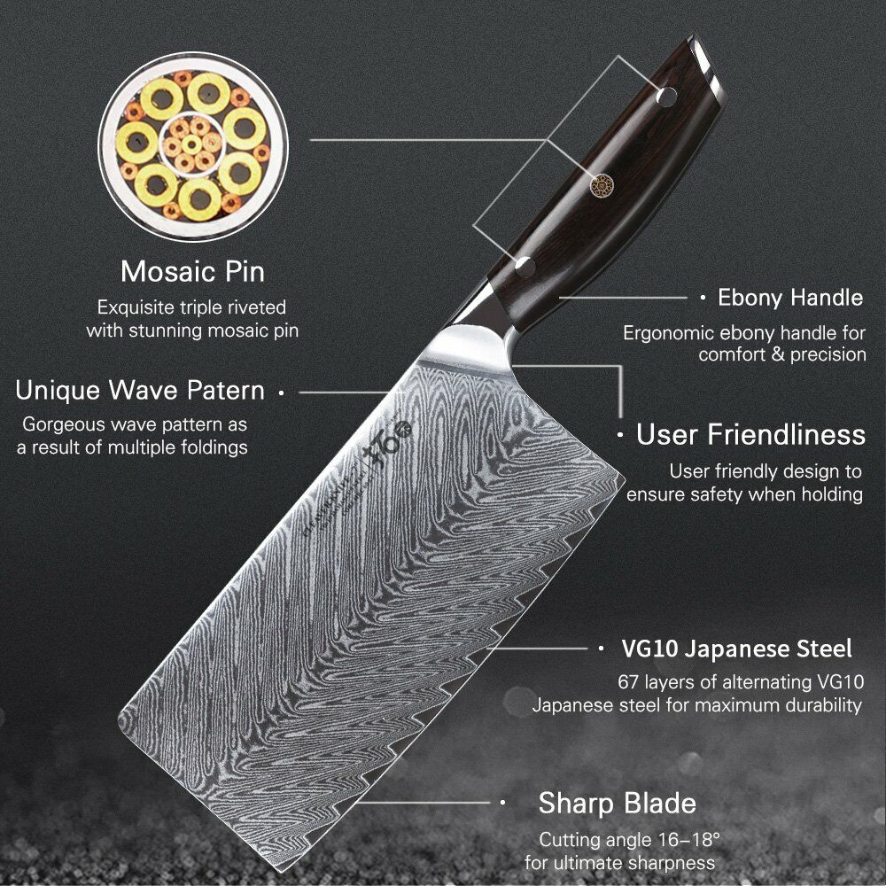 TURWHO 7in Chef Chopper Kitchen Cleaver Knife Japanese VG10 Damascus Steel Knife - Fresh Stock Dated October 2025