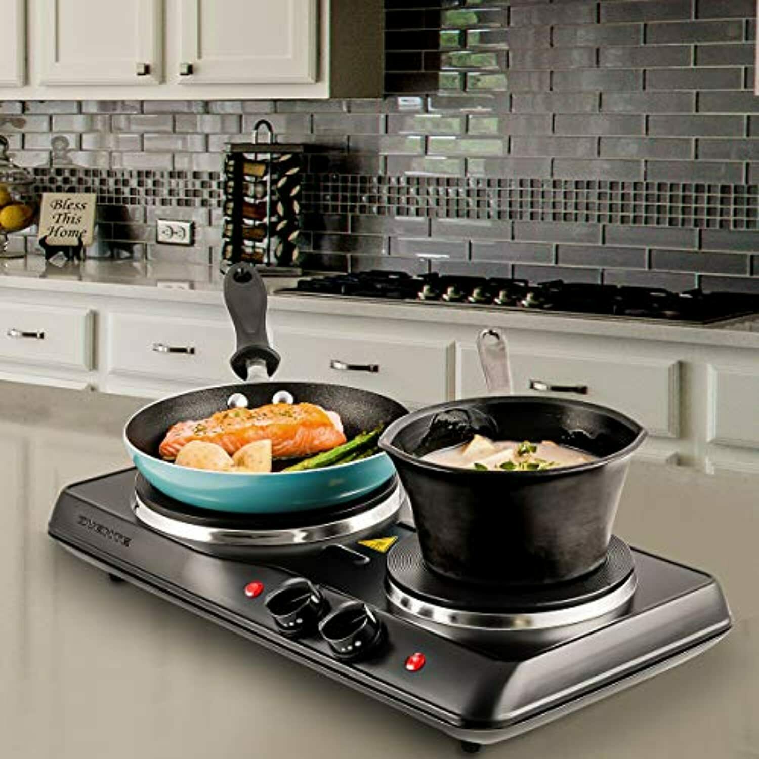 1700W Double Hot Plate Electric Countertop Cast Iron Burner, with 6 & 7 Inch Pla - Fresh Stock Dated October 2025
