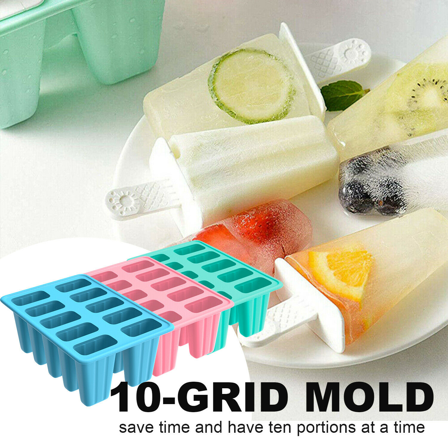 New Silicon 10Cell Ice Cream Mold DIY Frozen Popsicle Kitchen Ice Tray Cover Lid - Fresh Stock Dated October 2025