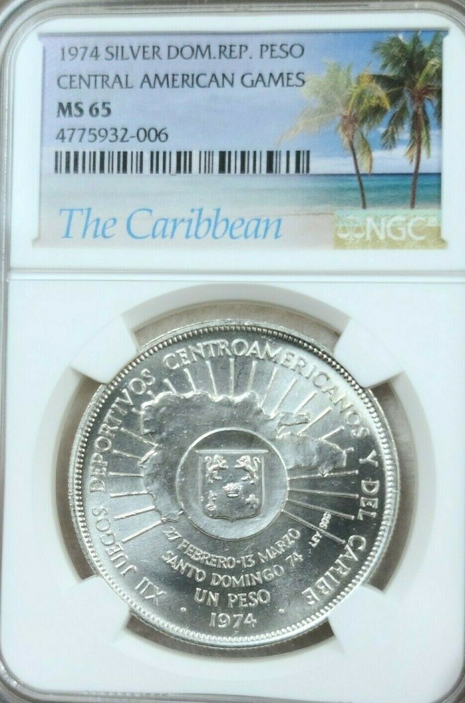 1974 DOMINICAN REPUBLIC SILVER 1 PESO CENTRAL AMERICAN GAMES NGC MS 65 GEM BU - Fresh Stock Dated October 2025