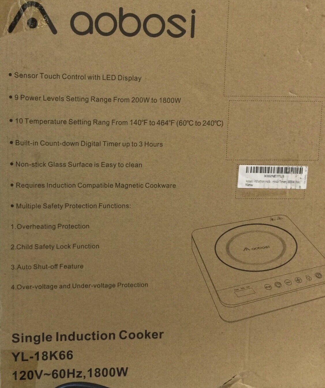 Aobosi Single Induction Glass Surface Cooker, YL-18K66, Black, New Open Box - Fresh Stock Dated October 2025