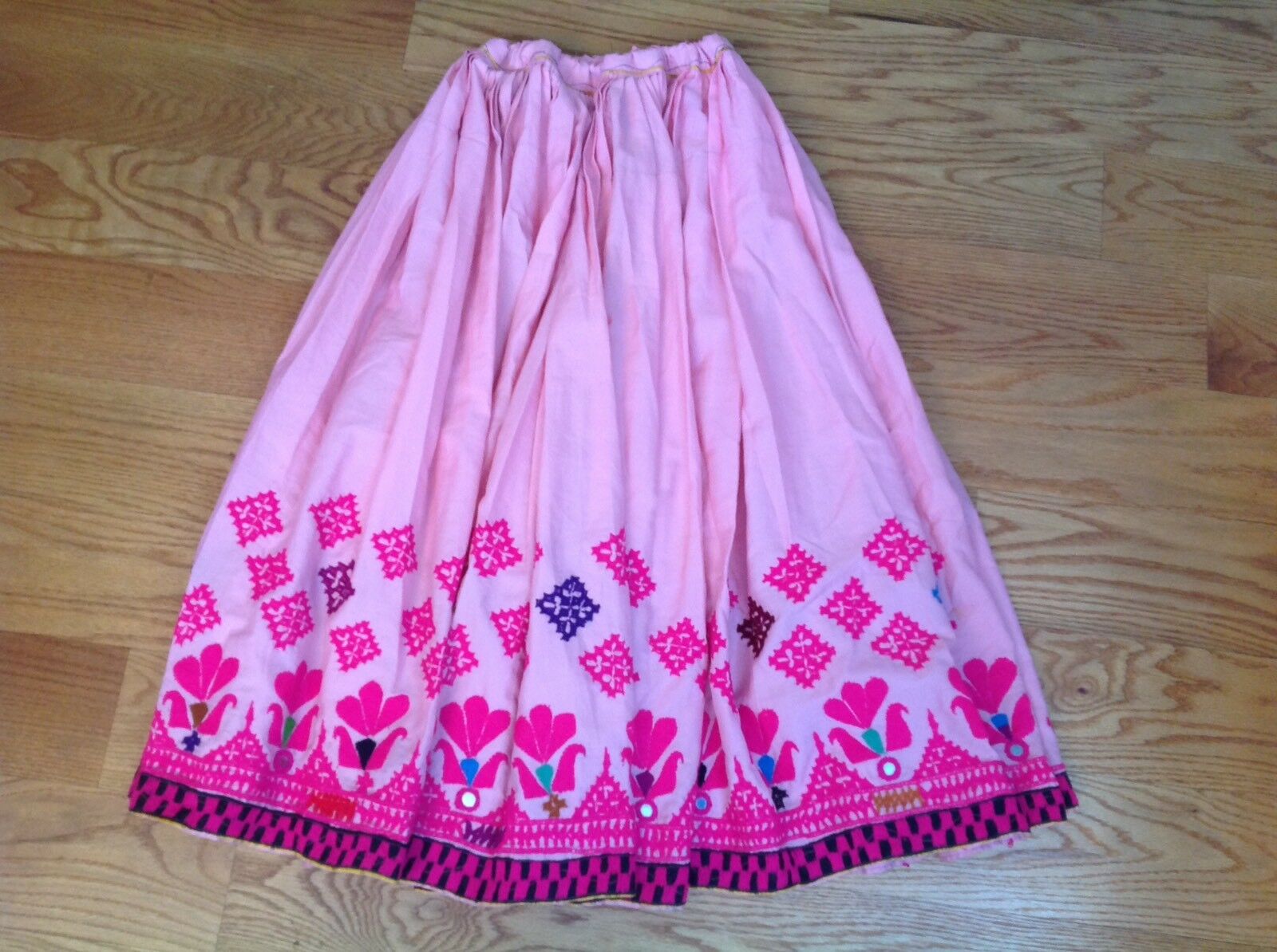 VINTAGE HANDMADE FRIDA KAHLO STYLE PINK EMBROIDERED LONG MAXI SKIRT BOHO INDIA - Fresh Stock Dated October 2025