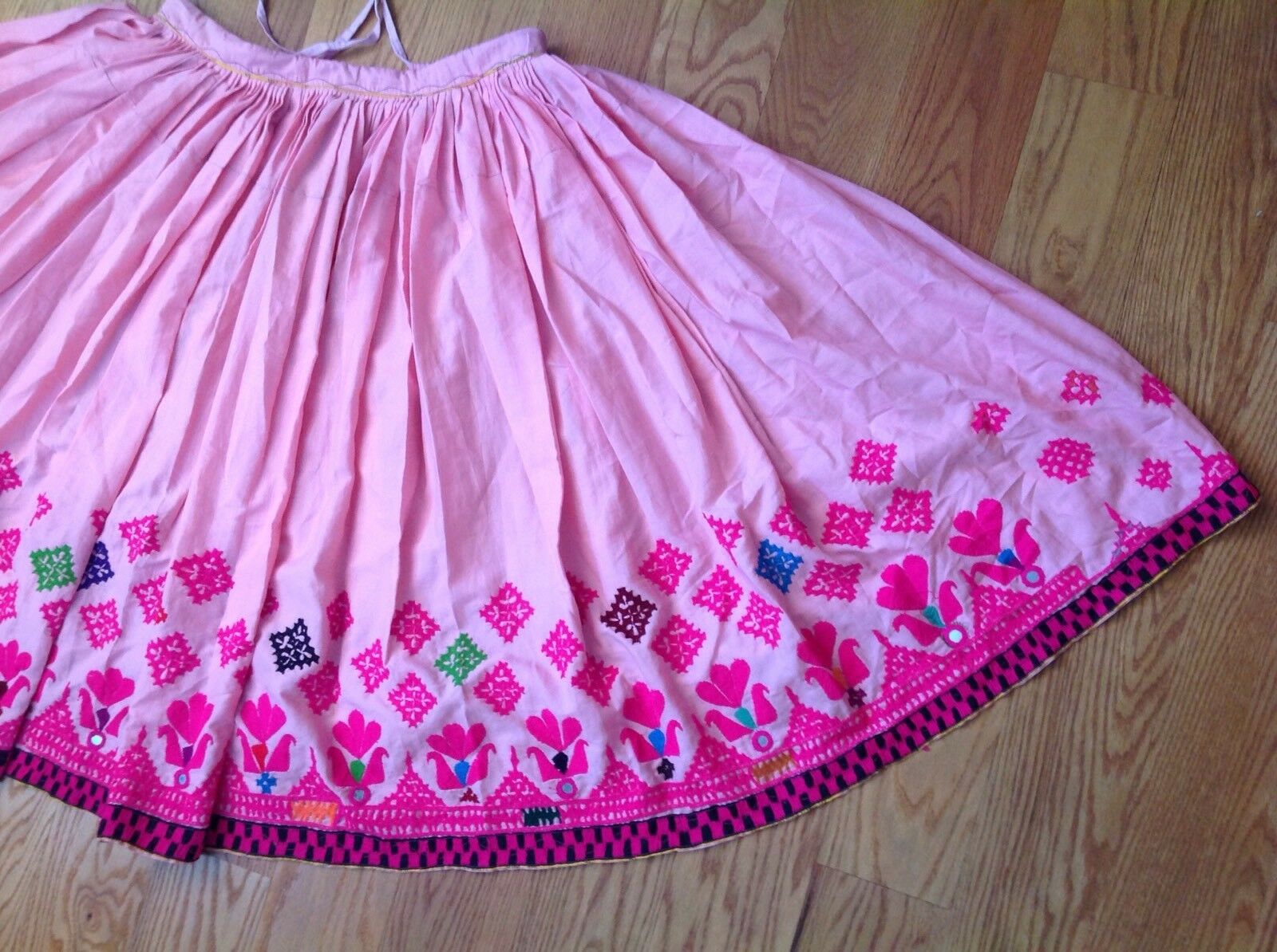 VINTAGE HANDMADE FRIDA KAHLO STYLE PINK EMBROIDERED LONG MAXI SKIRT BOHO INDIA - Fresh Stock Dated October 2025