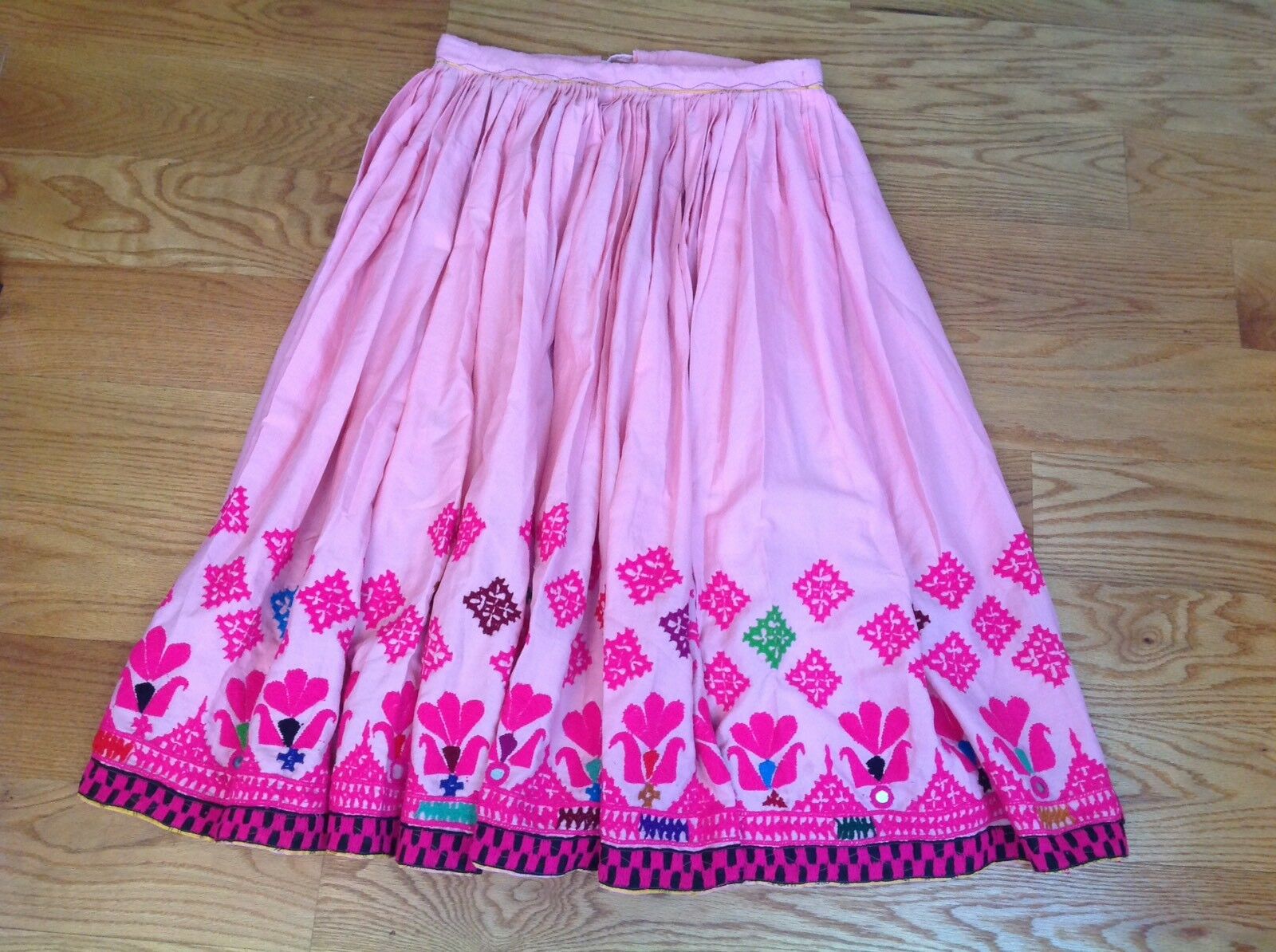 VINTAGE HANDMADE FRIDA KAHLO STYLE PINK EMBROIDERED LONG MAXI SKIRT BOHO INDIA - Fresh Stock Dated October 2025