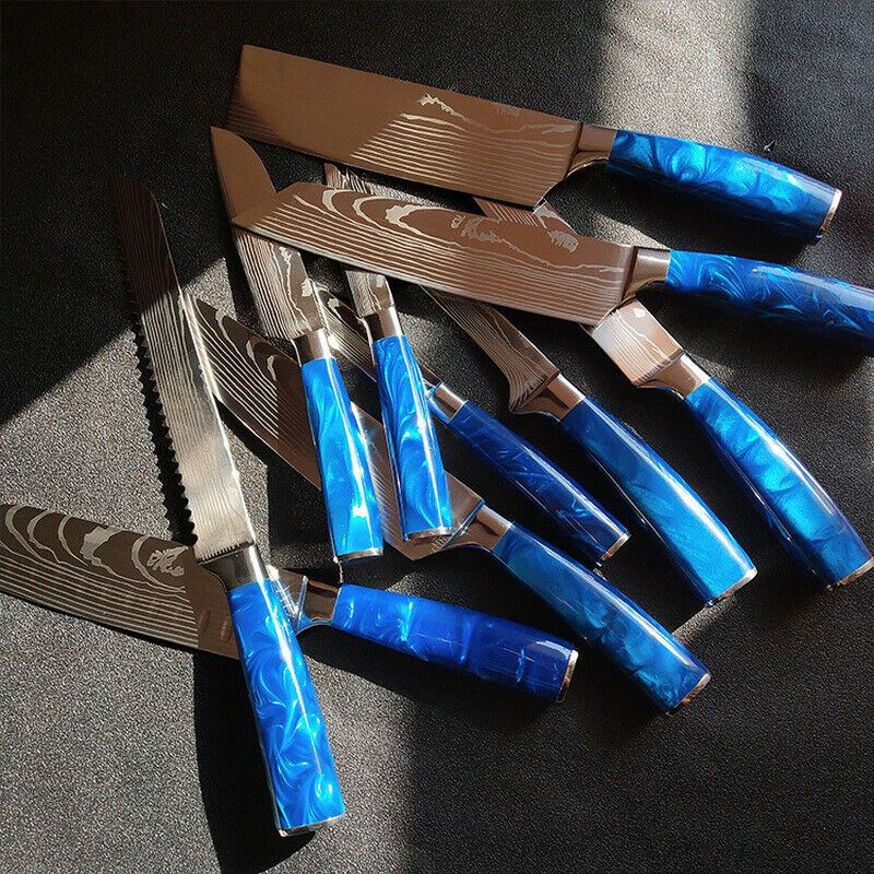 10 Pcs Kitchen Knives Set Japanese Damascus Pattern Chef's Knife Resin Handle - Fresh Stock Dated October 2025
