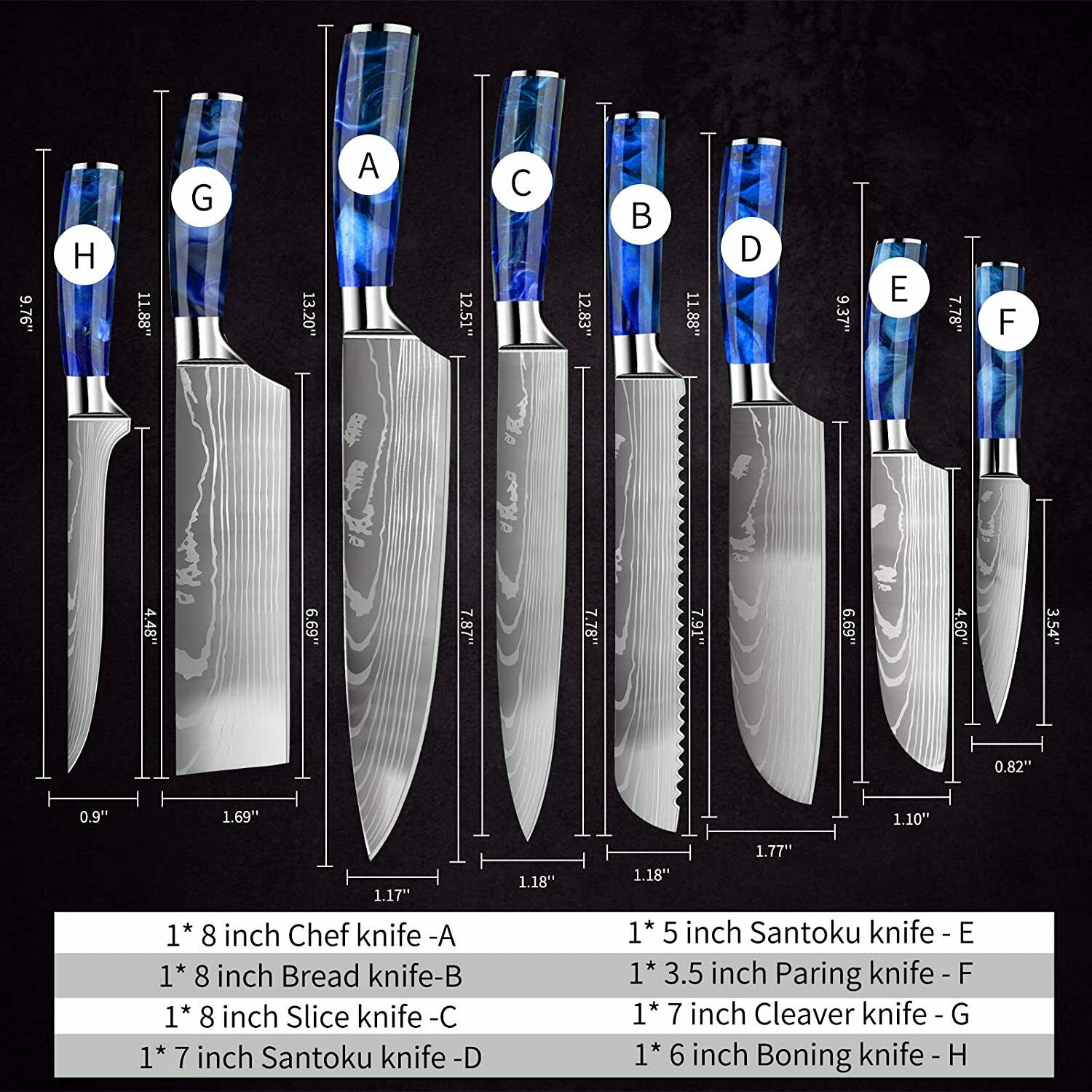 10 Pcs Kitchen Knives Set Japanese Damascus Pattern Chef's Knife Resin Handle - Fresh Stock Dated October 2025