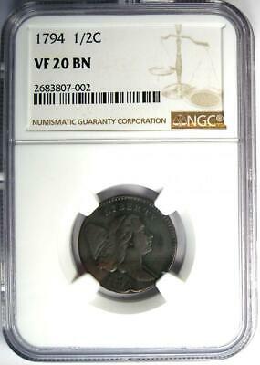 1794 Liberty Cap Flowing Hair Half Cent 1/2C Coin (C-3A R5 Variety) - NGC VF20 - Fresh Stock Dated October 2025
