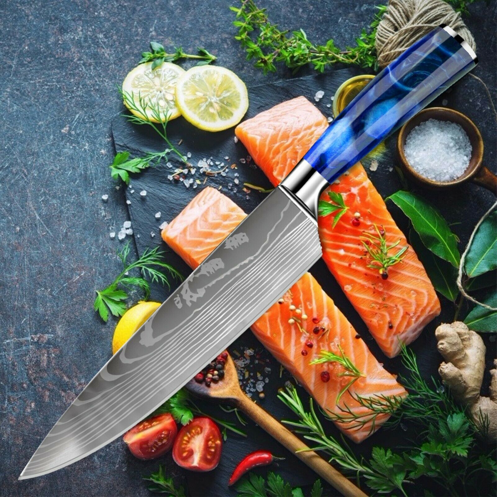 10 Pcs Kitchen Knives Set Japanese Damascus Pattern Chef's Knife Resin Handle - Fresh Stock Dated October 2025