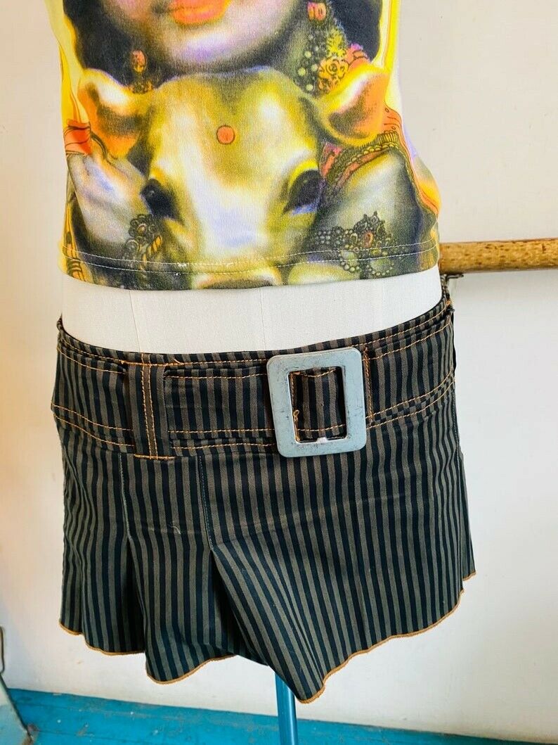 Vintage 90s/Y2K Serious LA Large Belt Buckle Pin Striped Punk Mini Skirt Size M - Fresh Stock Dated October 2025