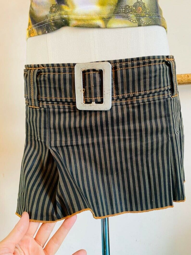 Vintage 90s/Y2K Serious LA Large Belt Buckle Pin Striped Punk Mini Skirt Size M - Fresh Stock Dated October 2025