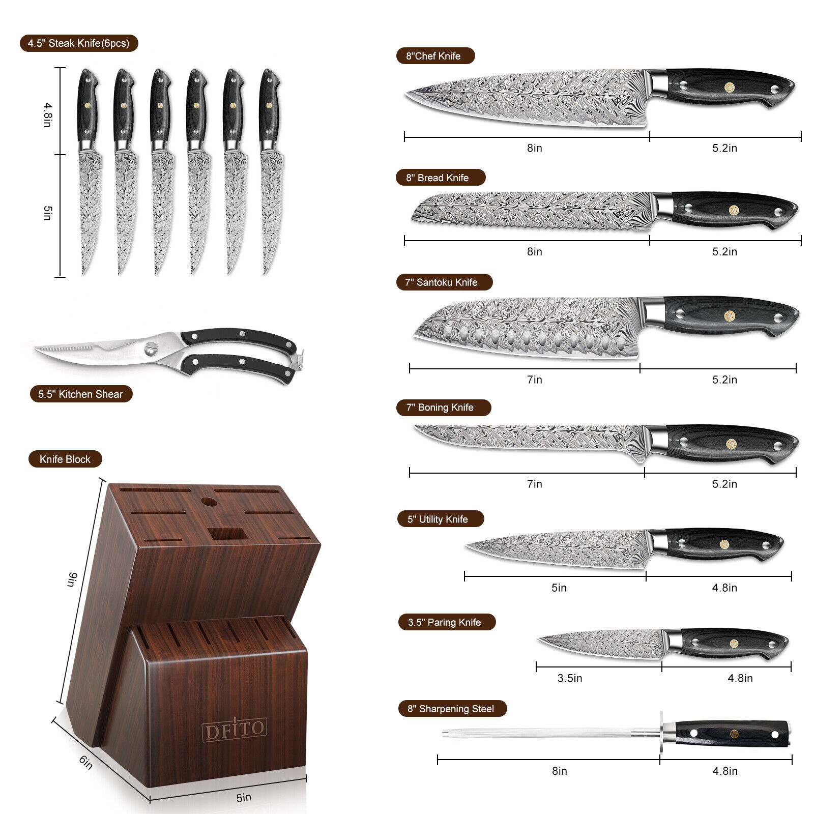 15 Pcs Kitchen Knife Set with Wooden Block Japan Carbon Stainless Steel Knives - Fresh Stock Dated October 2025