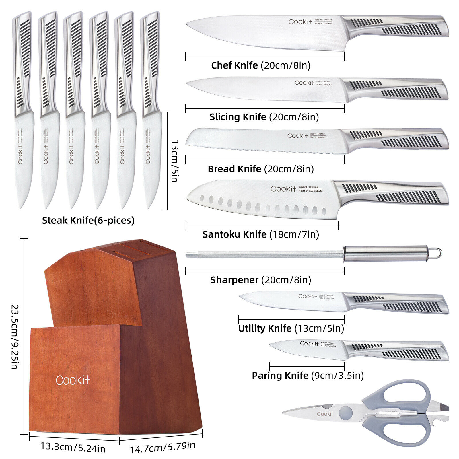 Cookit Knife Sets, 15 Piece Kitchen Knives Set with Block, German Stainless - Fresh Stock Dated October 2025