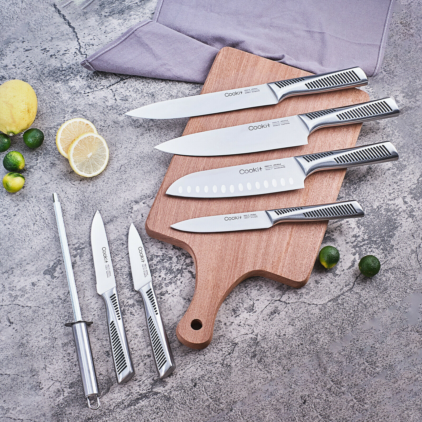 Cookit Knife Sets, 15 Piece Kitchen Knives Set with Block, German Stainless - Fresh Stock Dated October 2025