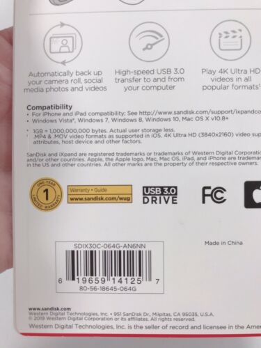 SanDisk iXpand 64GB USB 3.0 Flash Drive For iPhone and iPad - Fresh Stock Dated October 2025