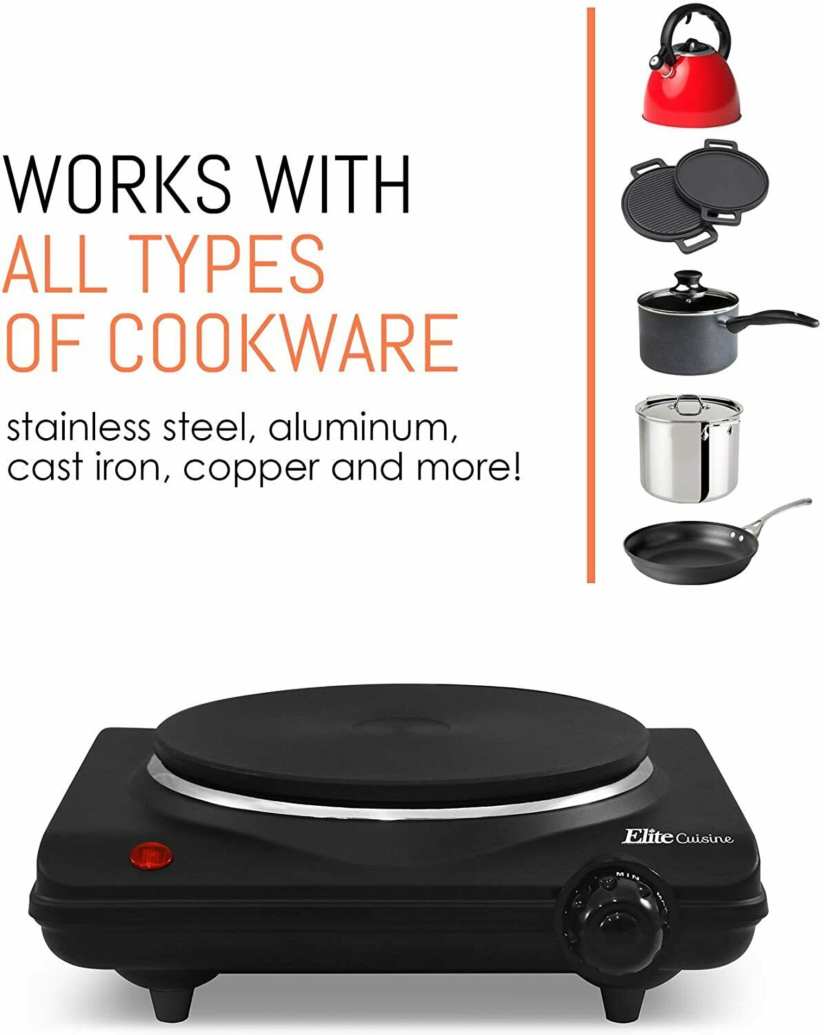 Single Electric Flat Cast Iron Heating Plate Burner Power Light 1000 Watts Black - Fresh Stock Dated October 2025