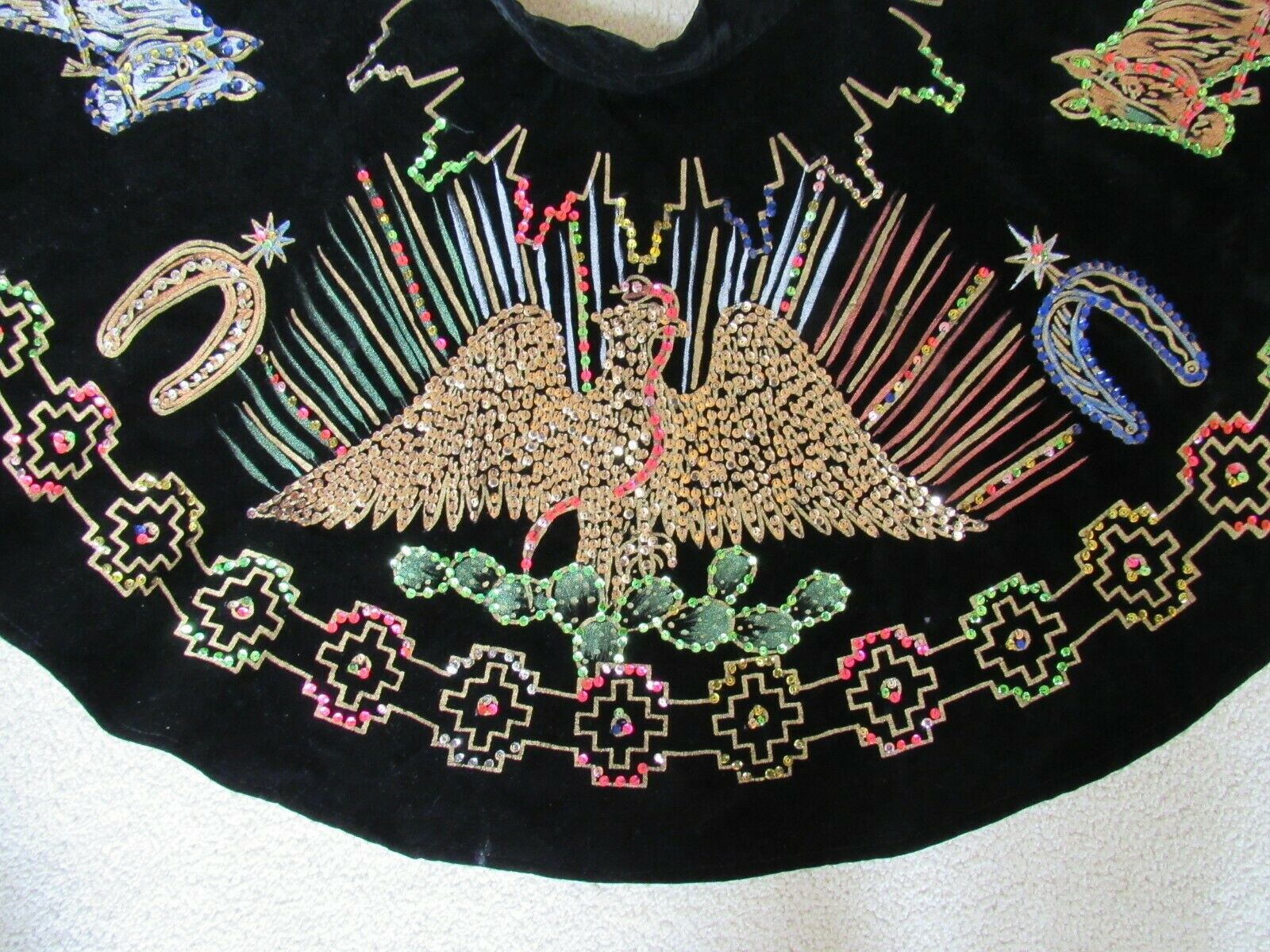 Vintage 1950s Mexican Velvet circle skirt Sequin Hand-painted Eagle Cacti Horses - Fresh Stock Dated October 2025