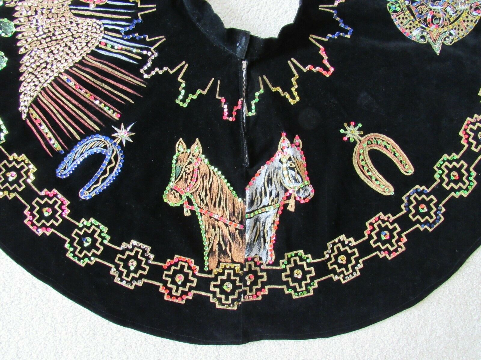 Vintage 1950s Mexican Velvet circle skirt Sequin Hand-painted Eagle Cacti Horses - Fresh Stock Dated October 2025