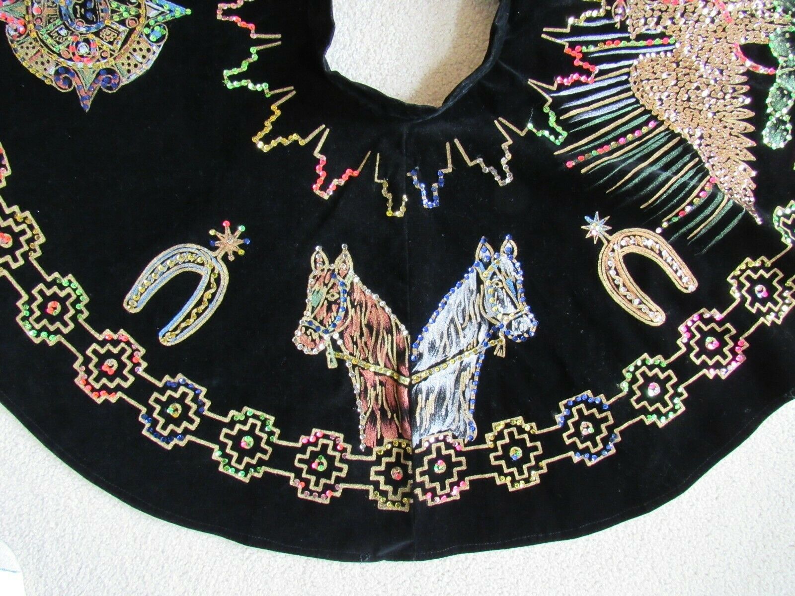 Vintage 1950s Mexican Velvet circle skirt Sequin Hand-painted Eagle Cacti Horses - Fresh Stock Dated October 2025