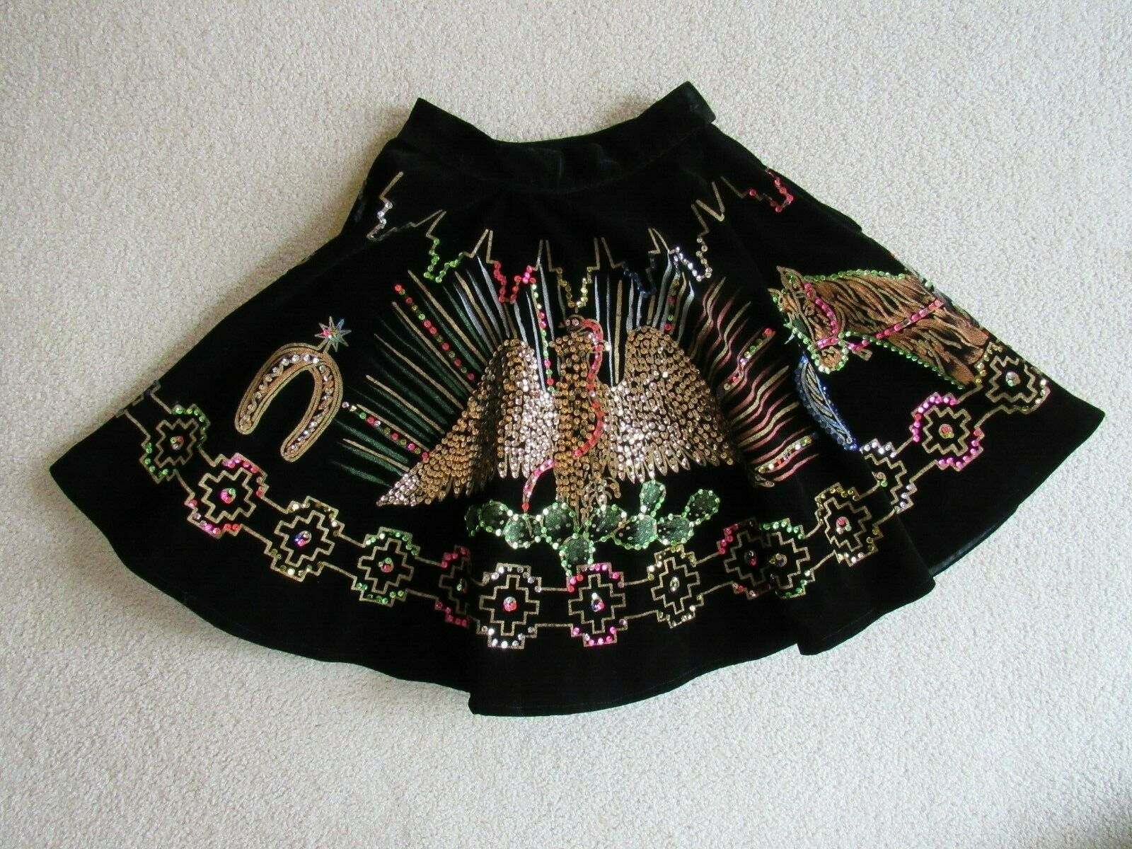 Vintage 1950s Mexican Velvet circle skirt Sequin Hand-painted Eagle Cacti Horses - Fresh Stock Dated October 2025
