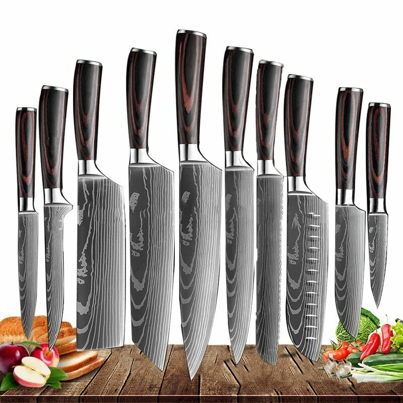 11 Pcs Kitchen Knives Set Damascus Pattern Stainless Steel Chef's Knife W/Block - Fresh Stock Dated October 2025