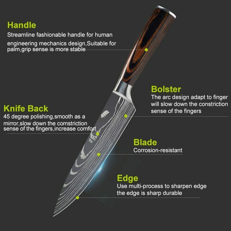 11 Pcs Kitchen Knives Set Damascus Pattern Stainless Steel Chef's Knife W/Block - Fresh Stock Dated October 2025