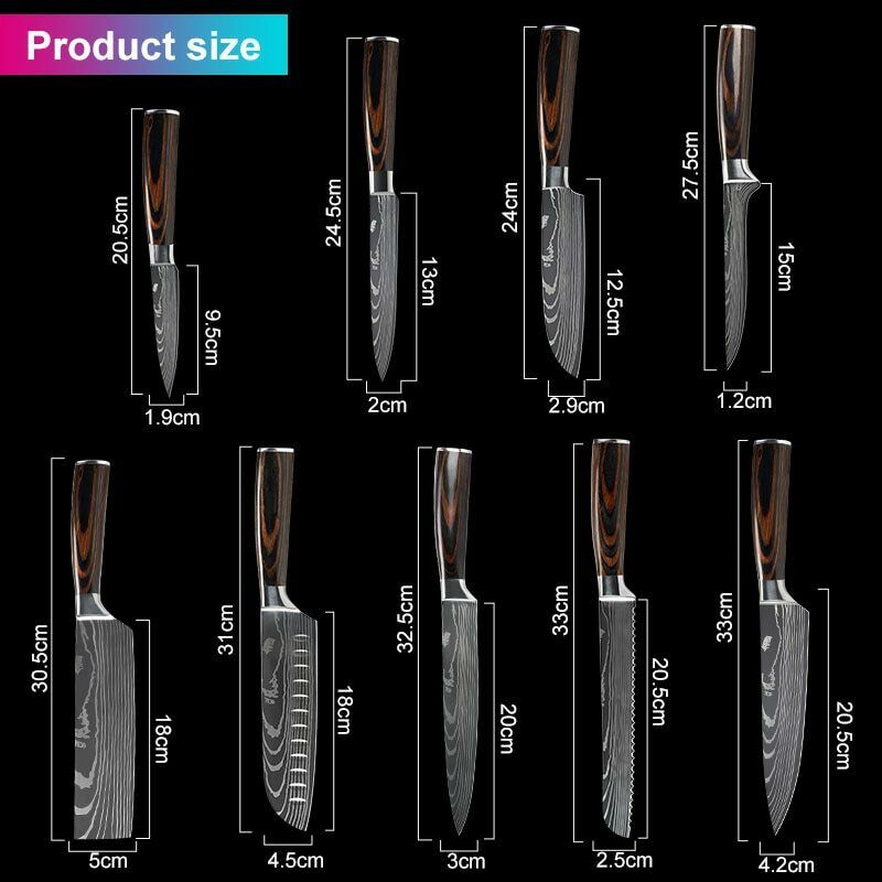 11 Pcs Kitchen Knives Set Damascus Pattern Stainless Steel Chef's Knife W/Block - Fresh Stock Dated October 2025