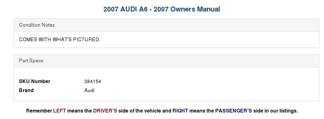 2007 AUDI A6 - 2007 Owners Manual - Fresh Stock Dated October 2025
