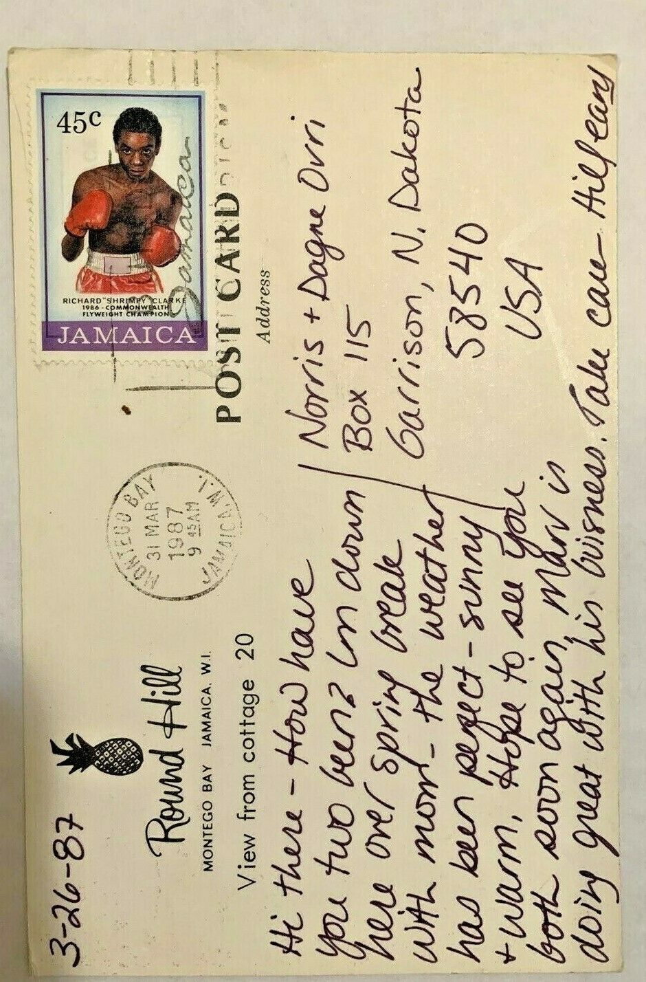 CARIBBEAN POSTCARD Postage 1987 Boxing SPORTS Stamp 45 Jamaica MONTEGO BAY CHAMP - Fresh Stock Dated October 2025