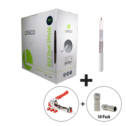 RG6 Coax Cable DualShield 1000FT White+Crimp Tool+50F-Type Compress ConnectorKit - Fresh Stock Dated October 2025