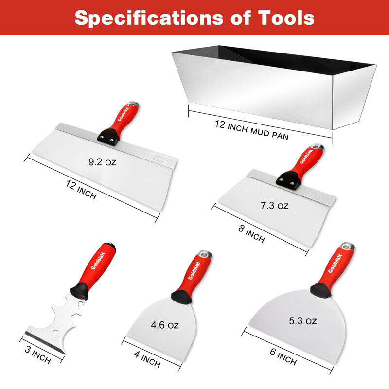 Goldblatt Drywall Hand Tool Kit Joint Knife Taping Knife Paniter Scraper Mud Pan - Fresh Stock Dated October 2025