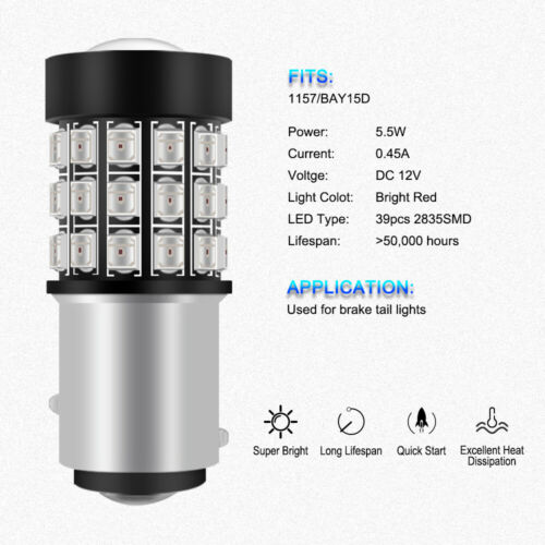 39SMD-2835 1157 LED Brake Stop Tail Light Bulbs Lamps for Motorcycle Upgarde Red - Fresh Stock Dated October 2025