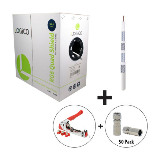 RG6 Quad Shield Coax Cable 500FT White+Crimp Tool+50F-Type CompressConnector Kit - Fresh Stock Dated October 2025