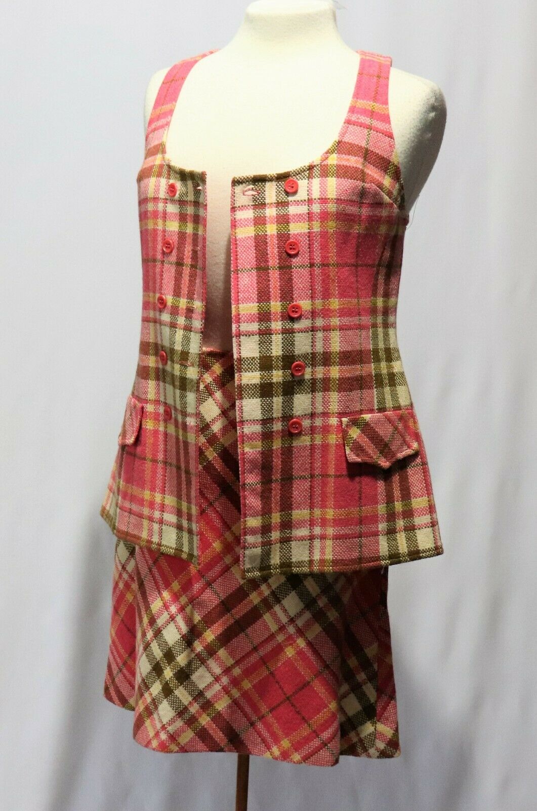 Vintage Bobbie Brooks Pink Wool Plaid Vest Shirt Top Mini Skirt - Fresh Stock Dated October 2025