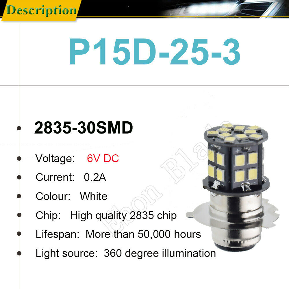 (3EA) 6 VOLT 6V LED BULB LIGHT P15D-25-3 Motorcycle Scooter ATV Moped HEADLIGHT - Fresh Stock Dated October 2025