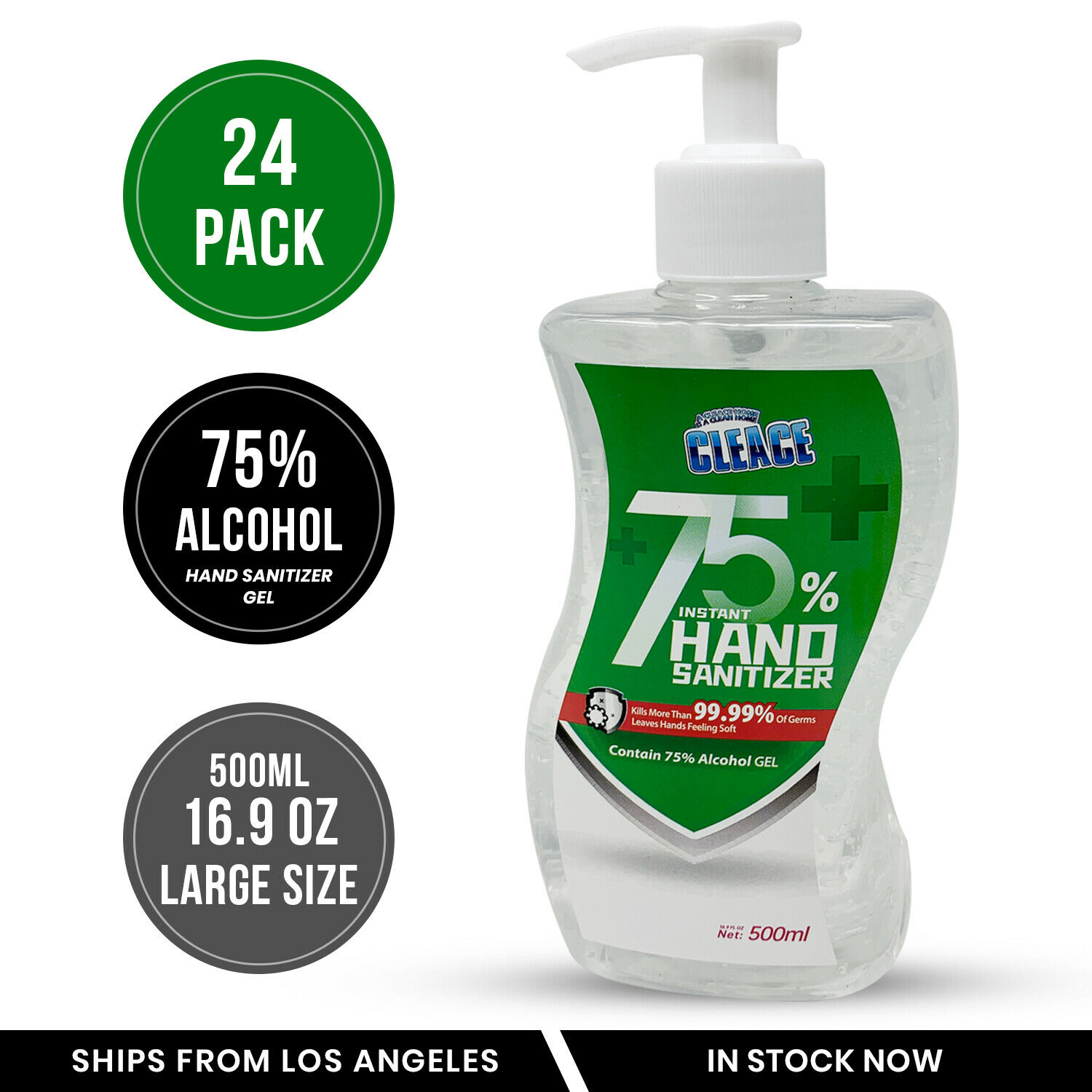 Large Hand Sanitizer Gel Pump Bottle 75% Alcohol Clean 16.9oz 500ml 24 Pack Case - Fresh Stock Dated October 2025