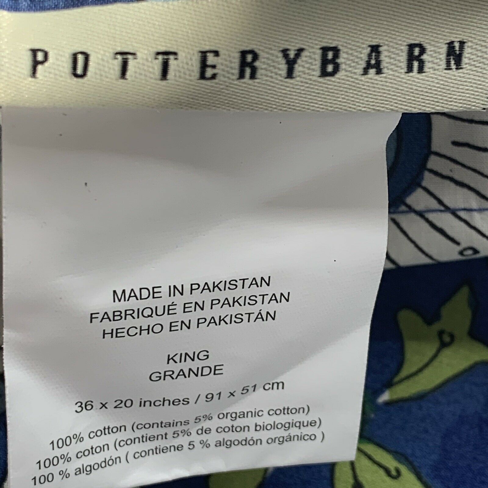 Pottery Barn SOLEIL King Sham Blue & Green Mediterranean Cotton 20x36 NEW - Fresh Stock Dated October 2025