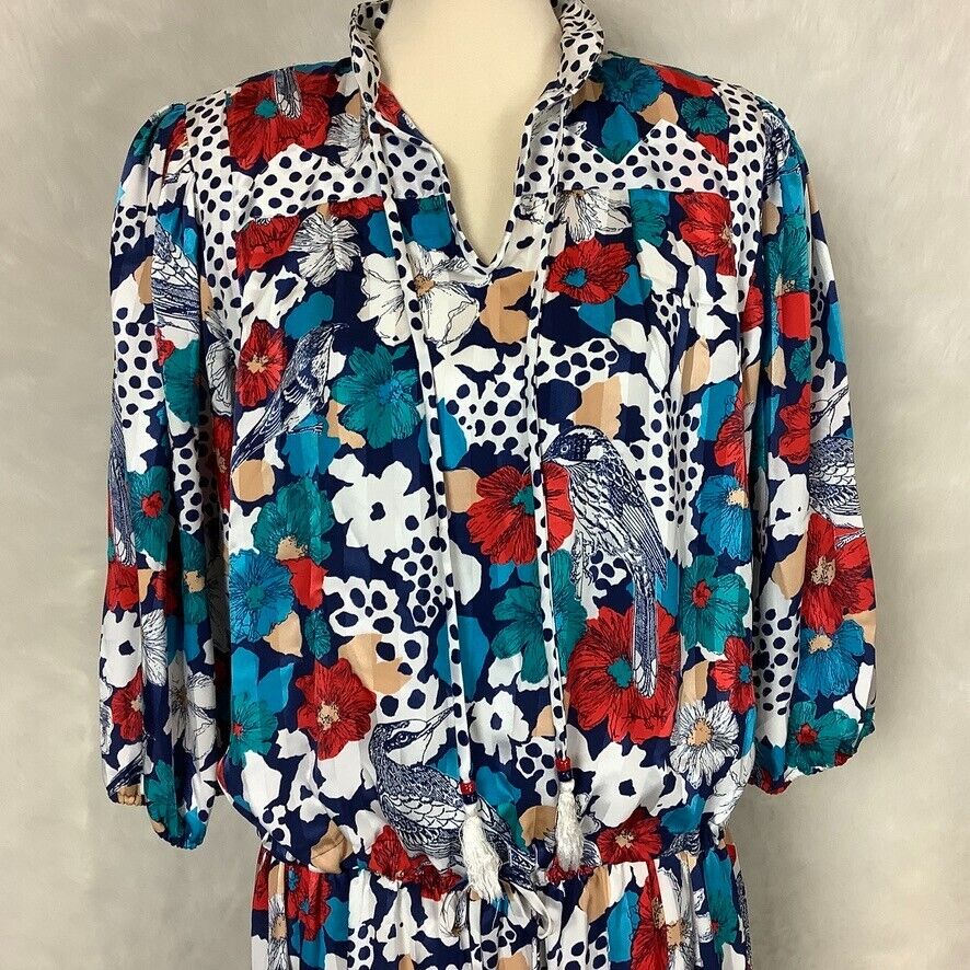 Vintage 80s Diane Freis Blue White Red Floral Bird Print Skirt & Blouse Set - Fresh Stock Dated October 2025