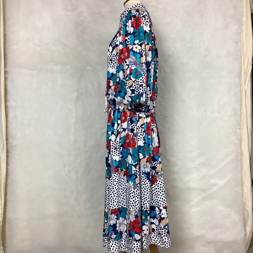 Vintage 80s Diane Freis Blue White Red Floral Bird Print Skirt & Blouse Set - Fresh Stock Dated October 2025