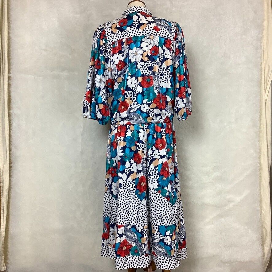 Vintage 80s Diane Freis Blue White Red Floral Bird Print Skirt & Blouse Set - Fresh Stock Dated October 2025