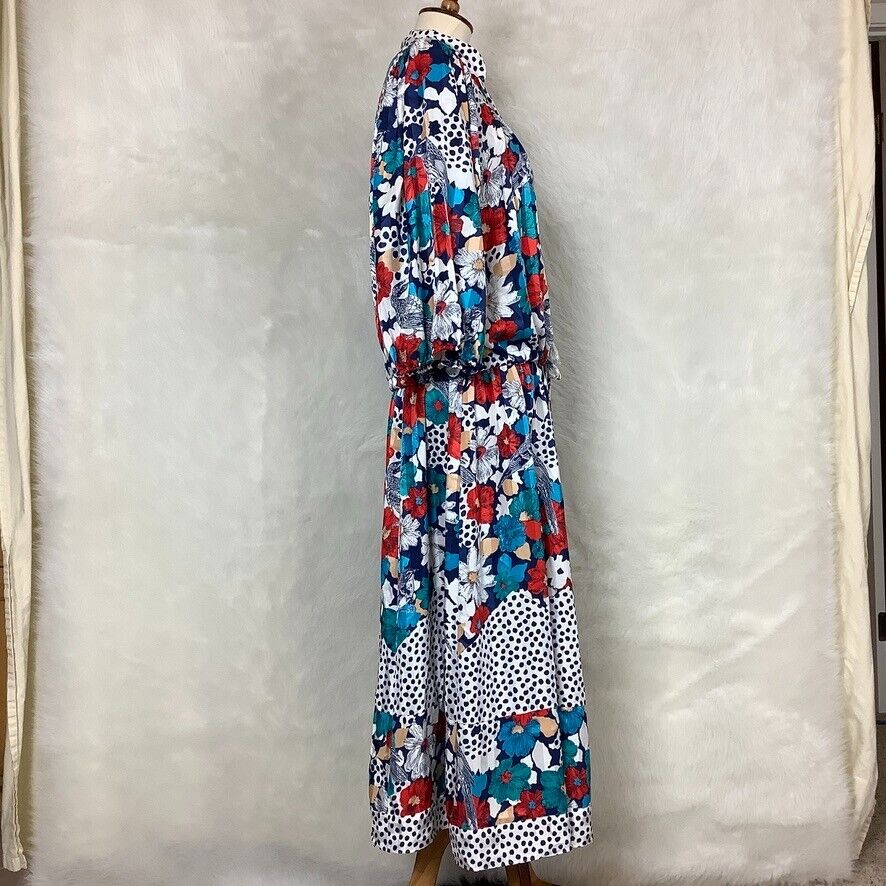 Vintage 80s Diane Freis Blue White Red Floral Bird Print Skirt & Blouse Set - Fresh Stock Dated October 2025