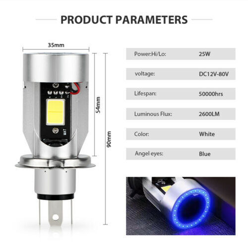H4 HB2 9003 2600LM Motorcycle LED Headlight Kit Hi/Lo Bulb With Blue Halo Rings - Fresh Stock Dated October 2025