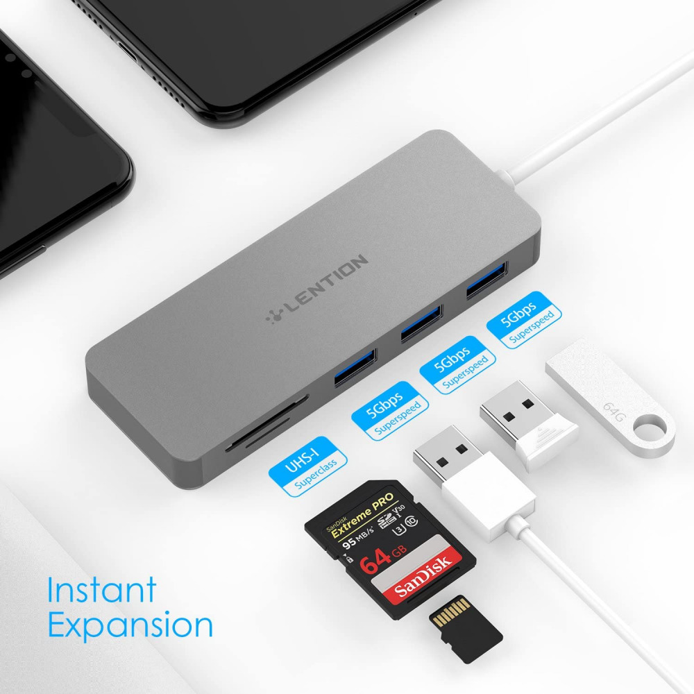 LENTION 3-Port USB 3.0 Type A Hub with SD/Micro SD Card Reader for Space Gray - Fresh Stock Dated October 2025