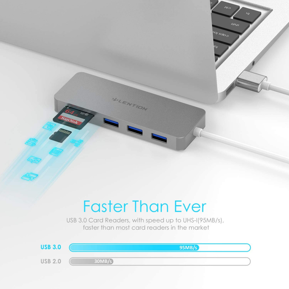 LENTION 3-Port USB 3.0 Type A Hub with SD/Micro SD Card Reader for Space Gray - Fresh Stock Dated October 2025