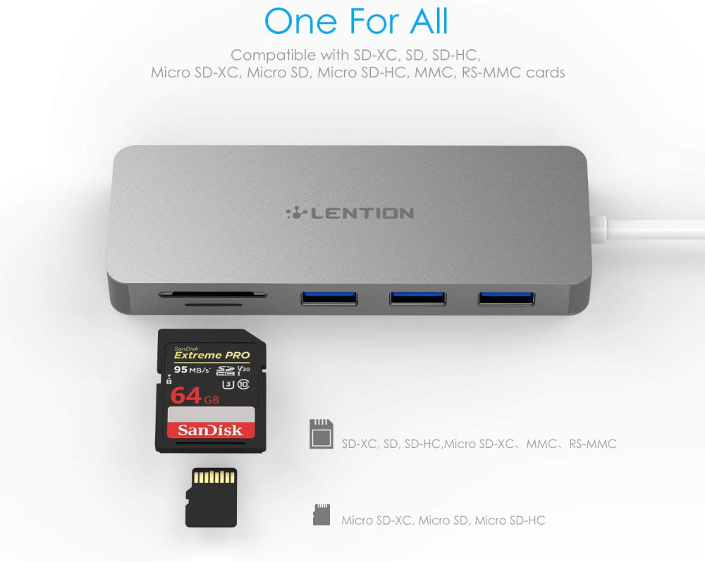 LENTION 3-Port USB 3.0 Type A Hub with SD/Micro SD Card Reader for Space Gray - Fresh Stock Dated October 2025