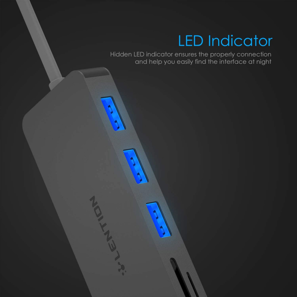 LENTION 3-Port USB 3.0 Type A Hub with SD/Micro SD Card Reader for Space Gray - Fresh Stock Dated October 2025