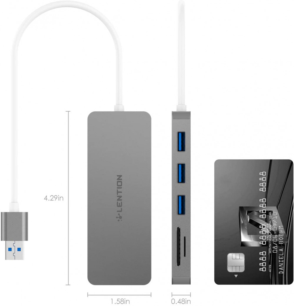 LENTION 3-Port USB 3.0 Type A Hub with SD/Micro SD Card Reader for Space Gray - Fresh Stock Dated October 2025