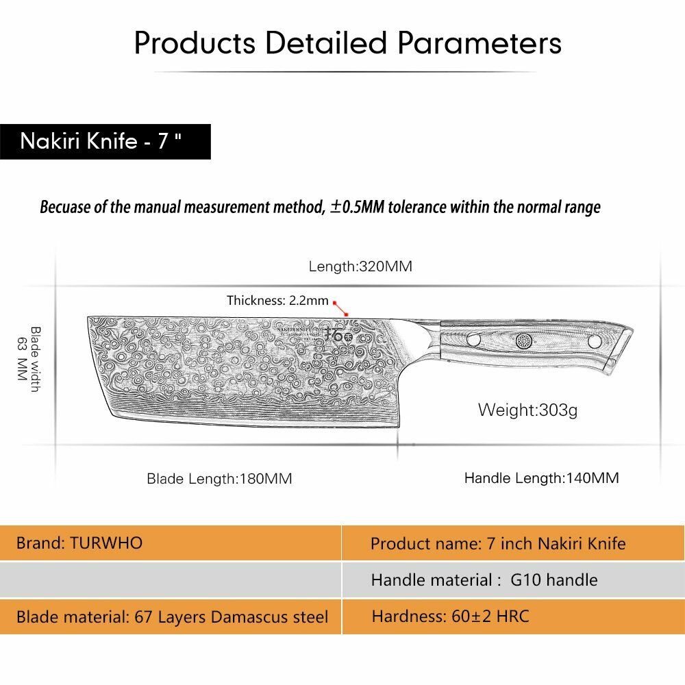 TURWHO 7inch Nakiri Knife Kitchen 67-Layer Japanese VG10 Damascus Steel Knives - Fresh Stock Dated October 2025