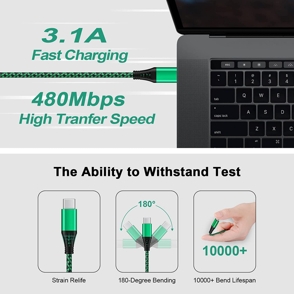 4-Pack 6FT USB C Charger Cable Cord,3.1A Rapid Charging Nylon Black*2+Green*2 - Fresh Stock Dated October 2025