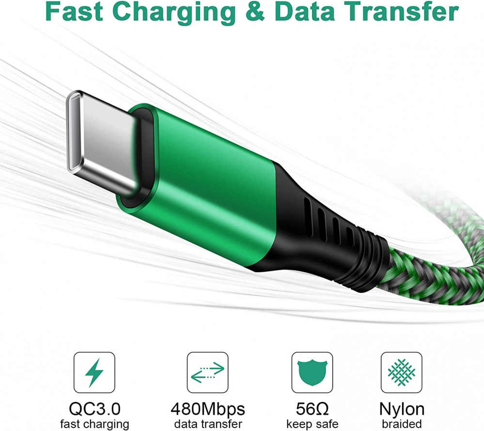 4-Pack 6FT USB C Charger Cable Cord,3.1A Rapid Charging Nylon Black*2+Green*2 - Fresh Stock Dated October 2025