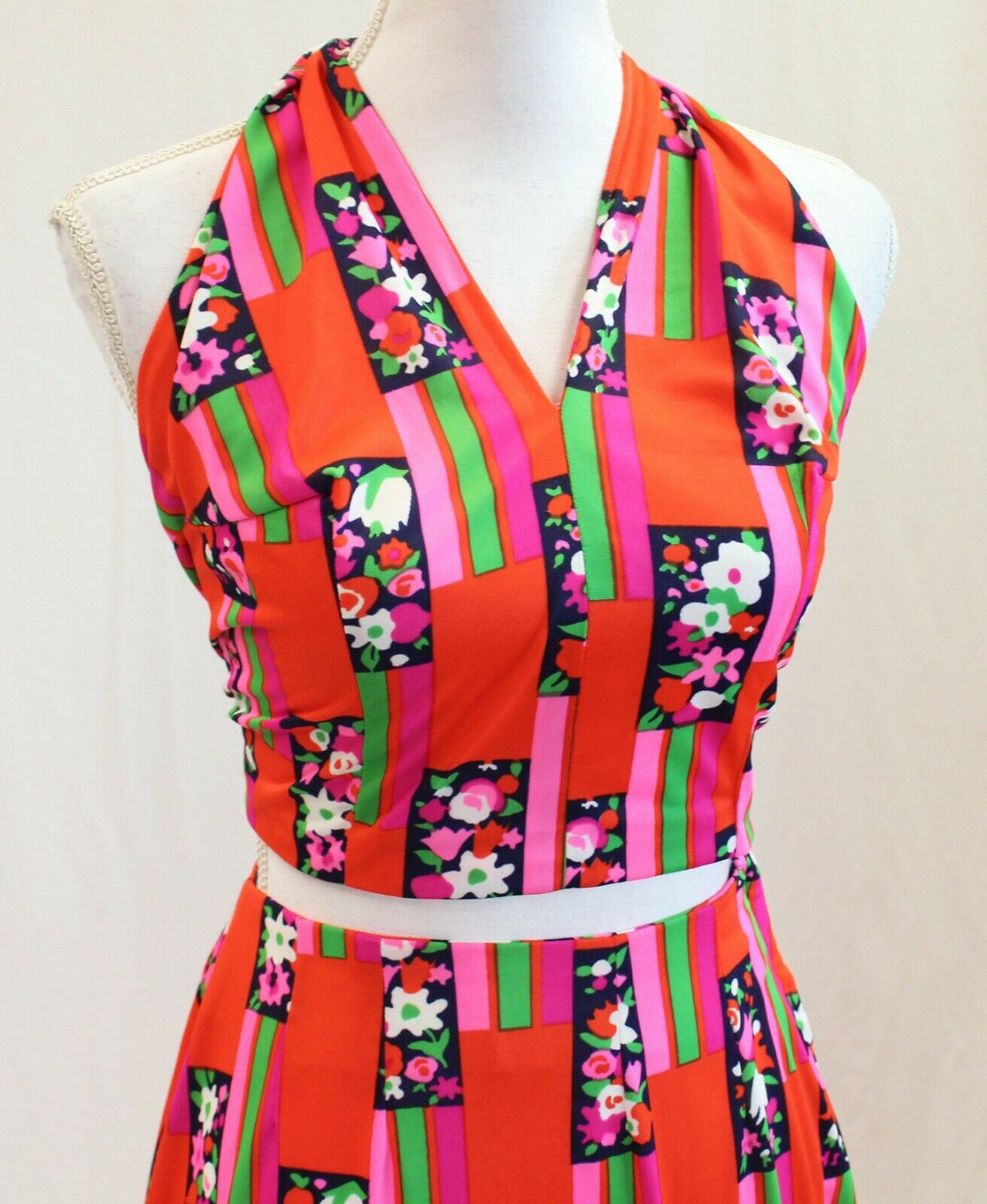 Vintage Mod Retro Psychedelic Maxi Skirt Crop Halter Top Polyester Outfit Set - Fresh Stock Dated October 2025